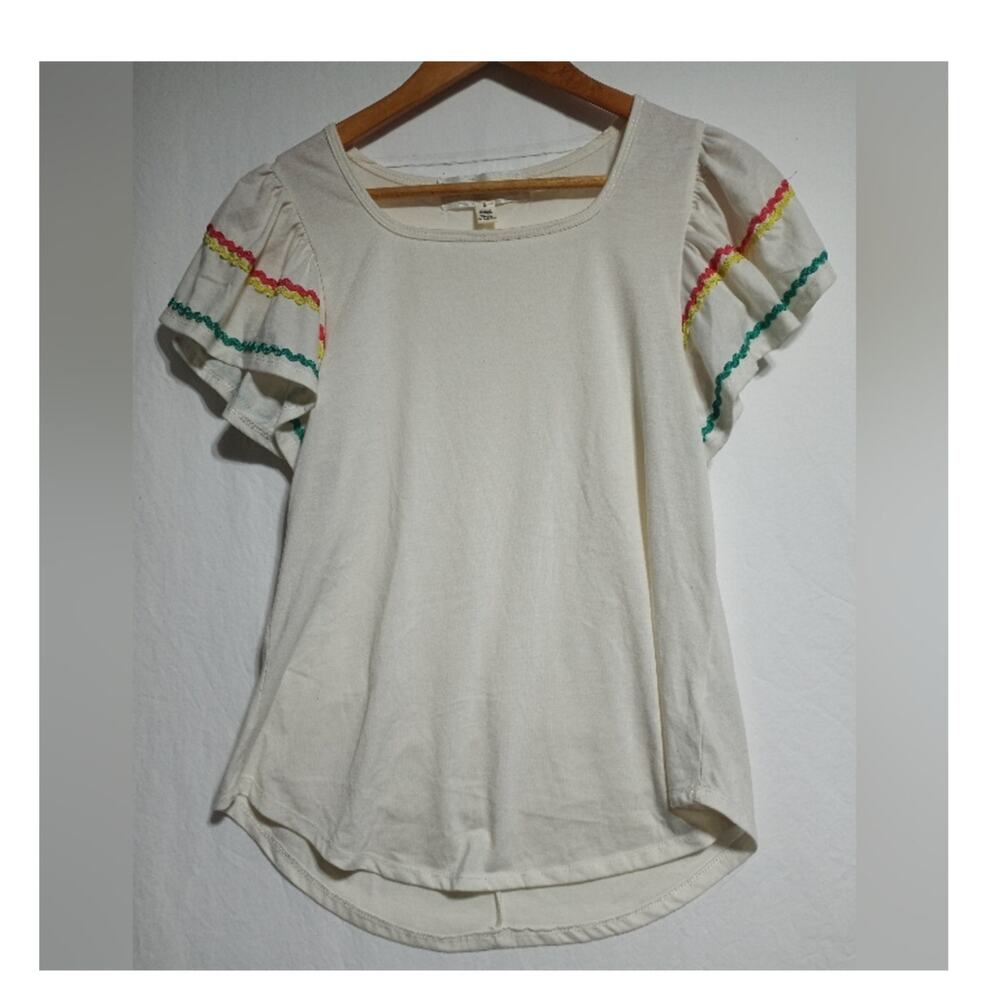 French Laundry White Ruffle Sleeve Top Size Small Colored Detail Sleeves